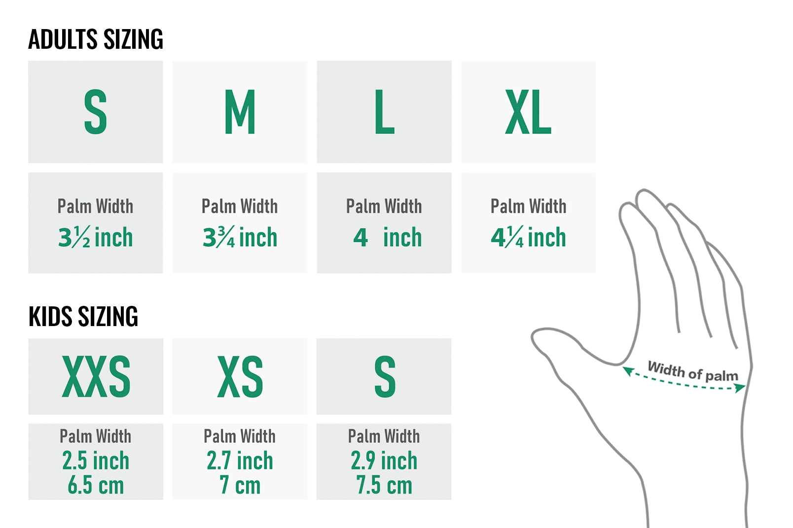 Hand size chart for adults and kids with palm width measurements.