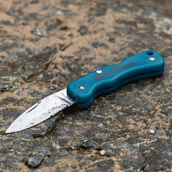 Blue pocket knife with a serrated blade on a rocky surface