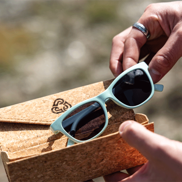 Person holding a pair of light blue sunglasses over a brown case with a blurred natural background