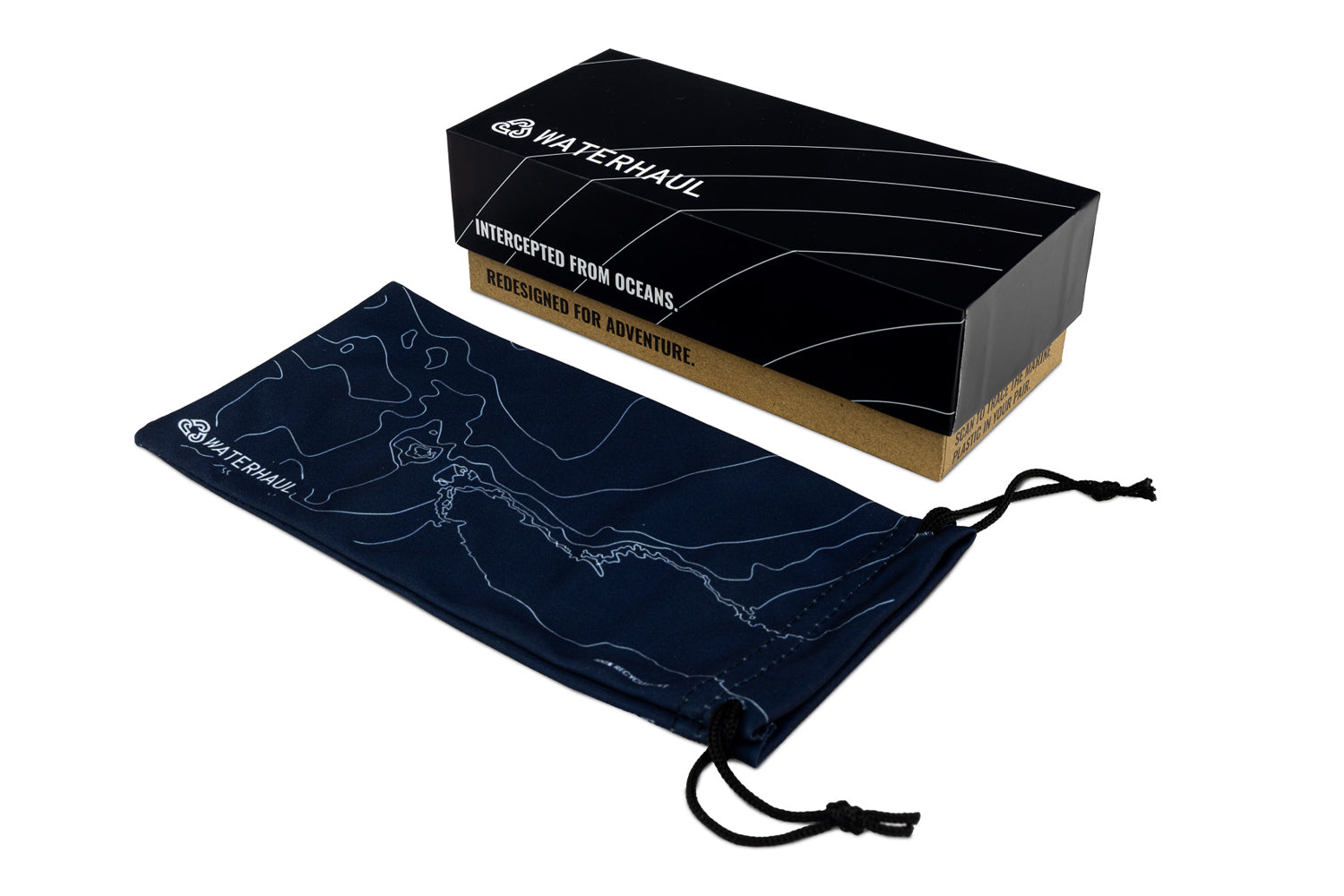 Navy drawstring bag with 'Waterhaul' branding next to a black box on a white background.