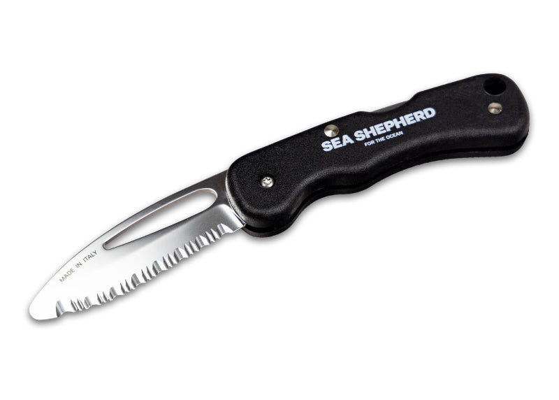 Folding knife with Sea Shepherd branding on a white background