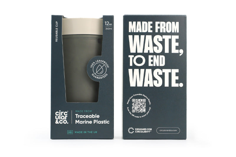 Reusable cup with packaging labeled 'Made from Waste, To End Waste' by Circular&Co.