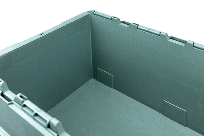 Sage green 52L adventure storage box made from 100% recycled fishing gear, featuring a durable interlocking hinged lid.