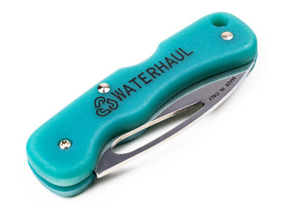 Close up of folding pocket knife with a turquoise handle with blade folded away to show portability, 'Waterhaul' inscribed on the handle.