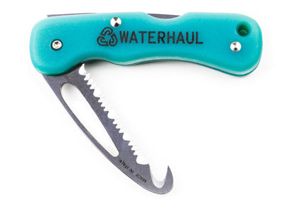 Folding pocket knife with a turquoise handle showing serrated hooked blade half open, 'Waterhaul' inscribed on the handle.