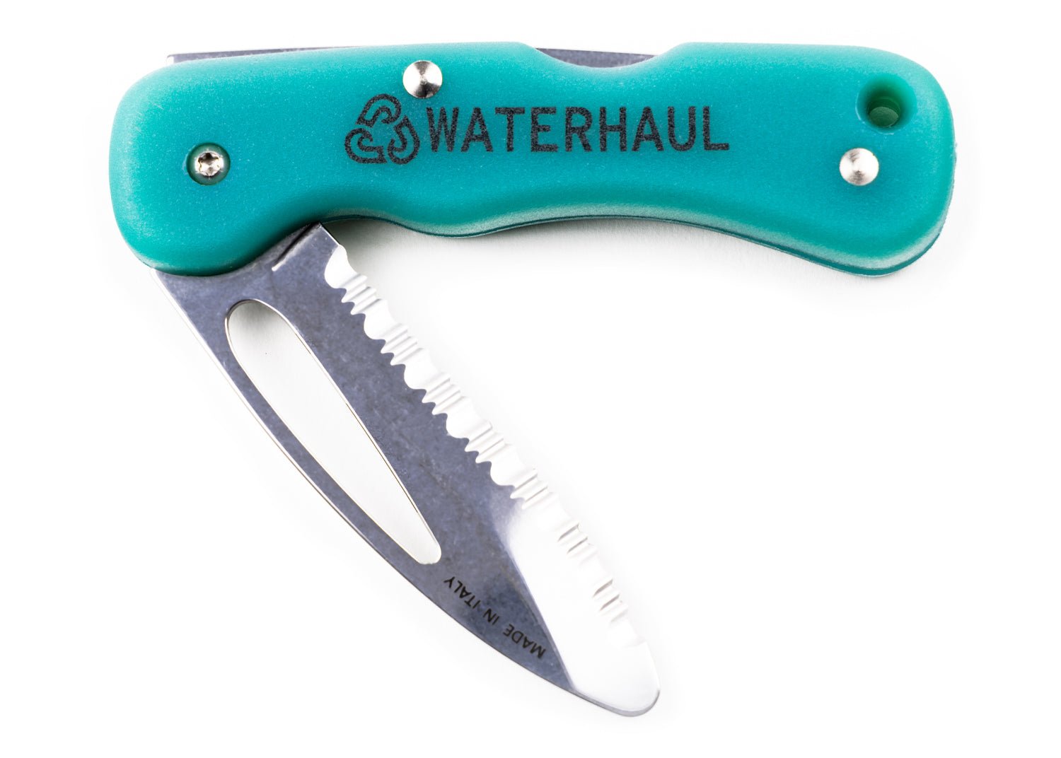 Folding pocket knife with a turquoise handle showing serrated blunt-tip safety blade half open with shackle key, 'Waterhaul' inscribed on the handle.