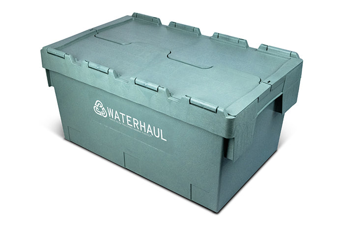 Eco-friendly storage box made from recycled fishing gear, featuring a stackable and nestable design with an interlocking hinged lid for secure adventure gear storage.