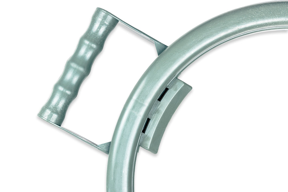 Close-up of the eco-friendly bag hoop, made from 100% recycled ocean plastic with a sturdy, textured grip.