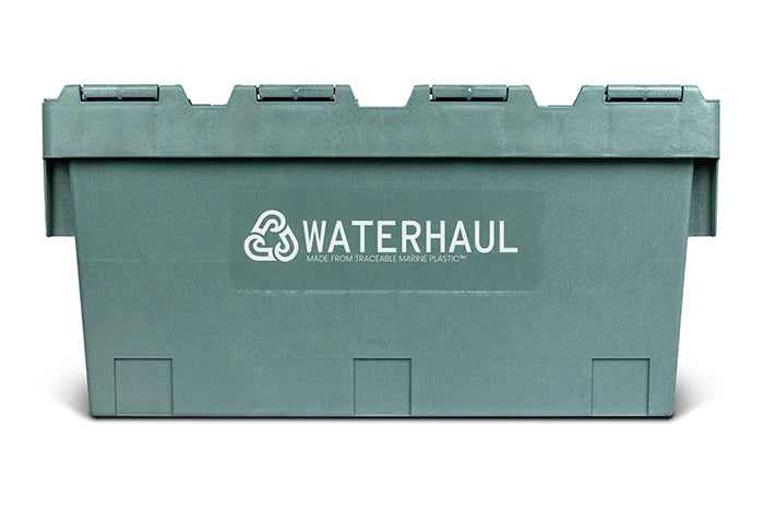 Eco-conscious outdoor storage box made from repurposed fishing gear, offering a secure, interlocking hinged lid and stackable design for efficient organisation.