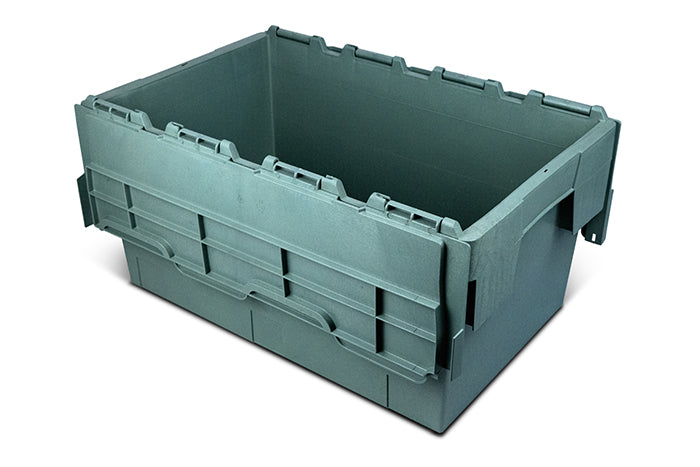 Heavy-duty adventure storage box made from upcycled fishing nets, designed for stacking and nesting with a secure hinged lid for outdoor durability.