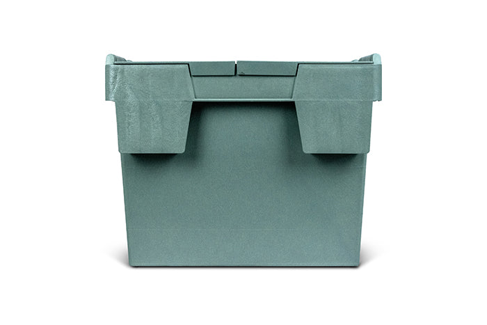 Heavy-duty interlocking storage box for camping and overlanding, sustainably made from recycled fishing nets with a nestable and stackable design.