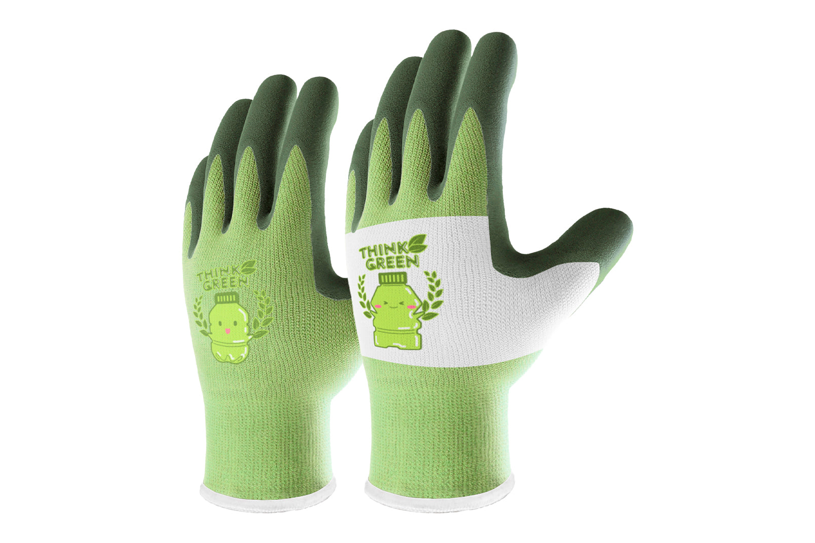 Pair of green children's gardening gloves with 'Think Green' branding on a white background