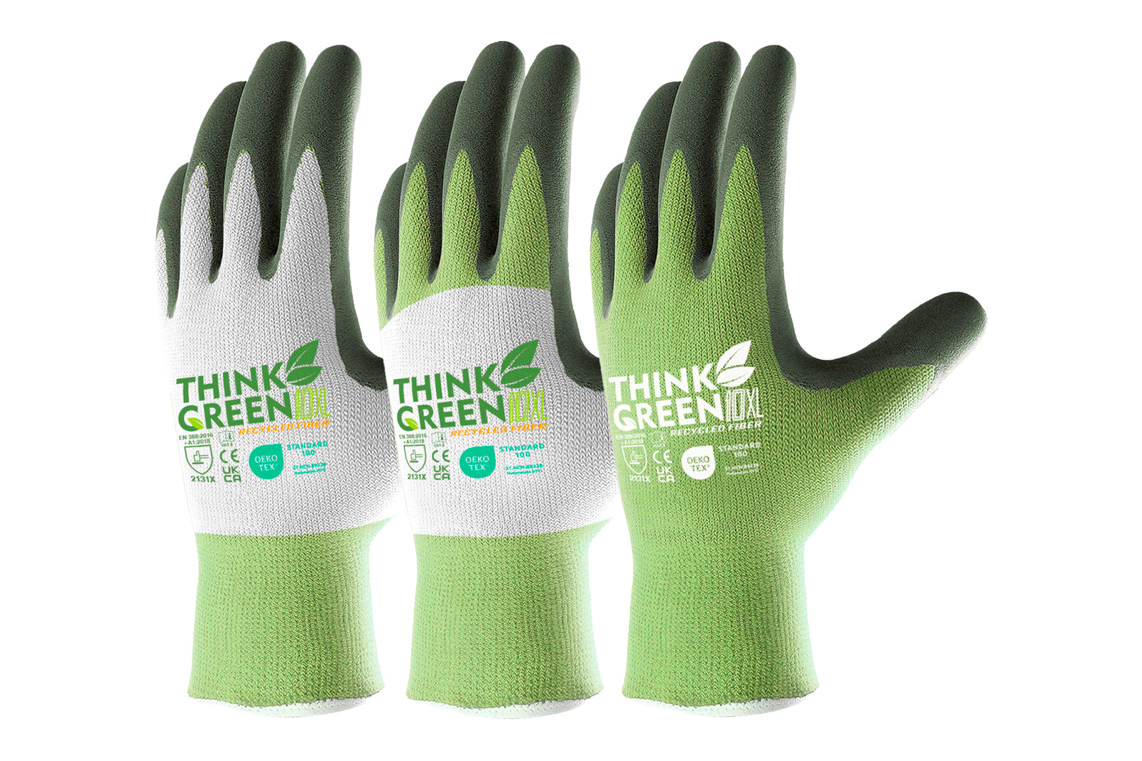 Three pairs of green gardening gloves with 'Think Green' branding on a white background