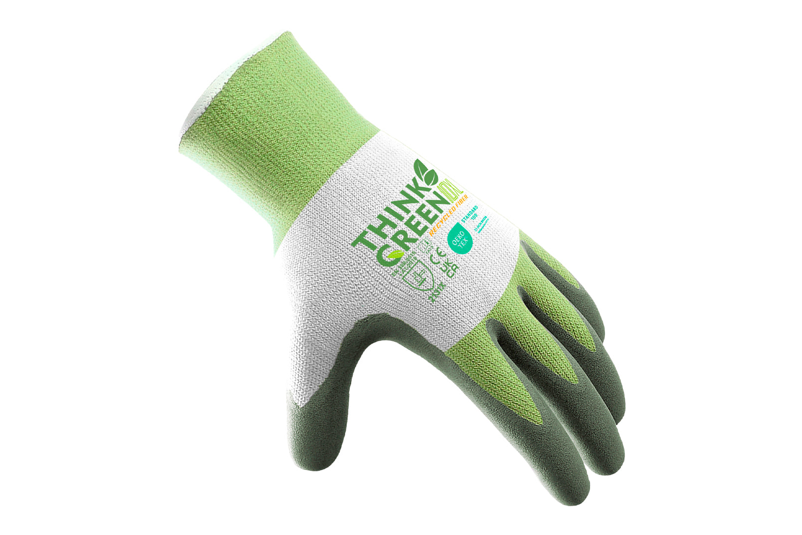 Green and gray gardening glove with 'Think Green' branding on a white background