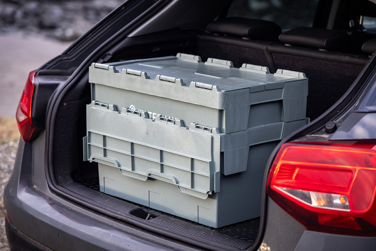 Sustainable outdoor storage solution made from recycled marine plastic, ideal for keeping camping gear secure and organised.