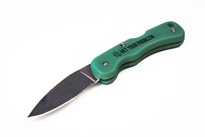 Pocket knife with green handle and 'Net your problem' branding against a white background