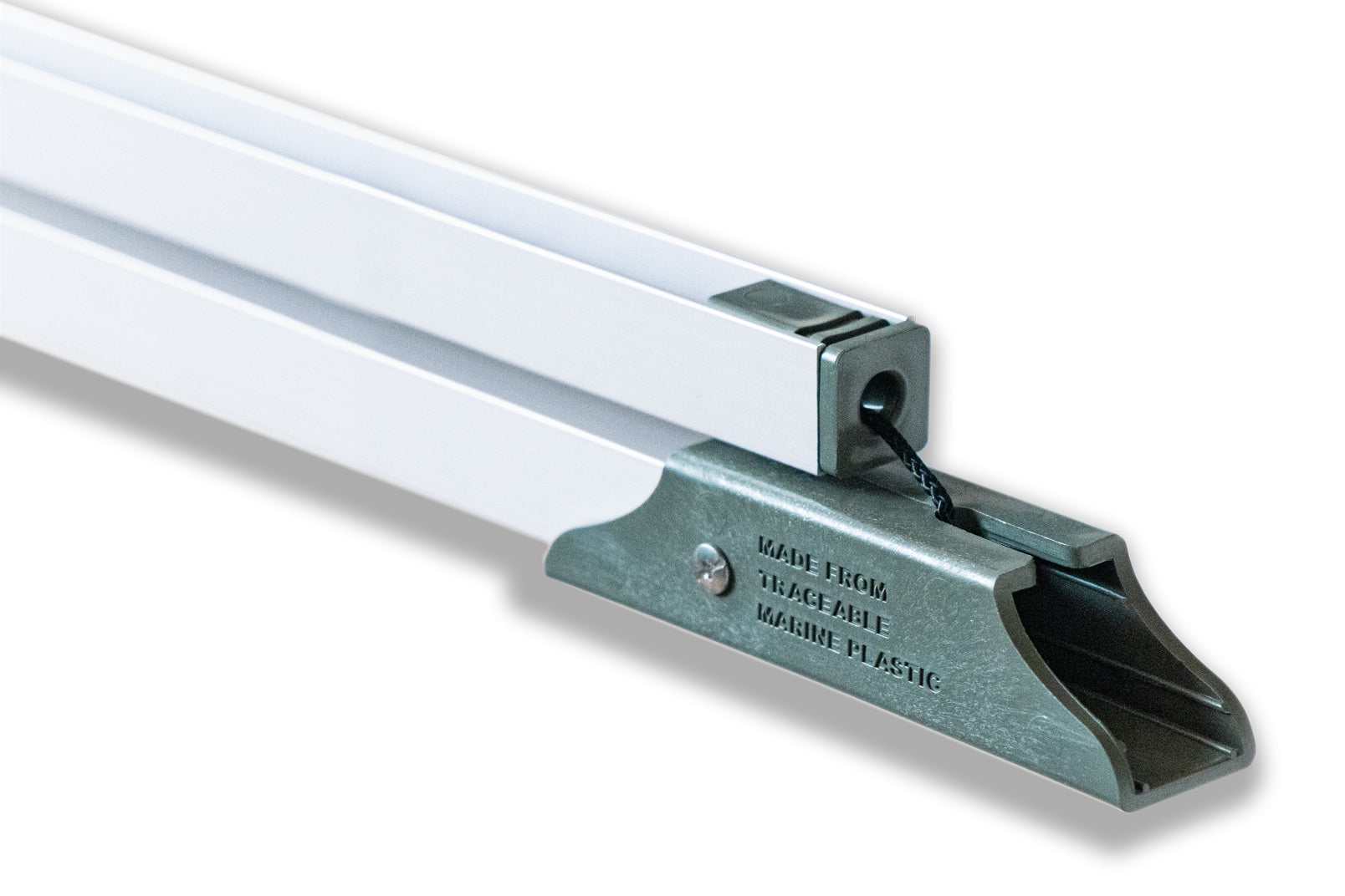 A close up of the green litter picker folding hinge made from recycled ocean plastic.