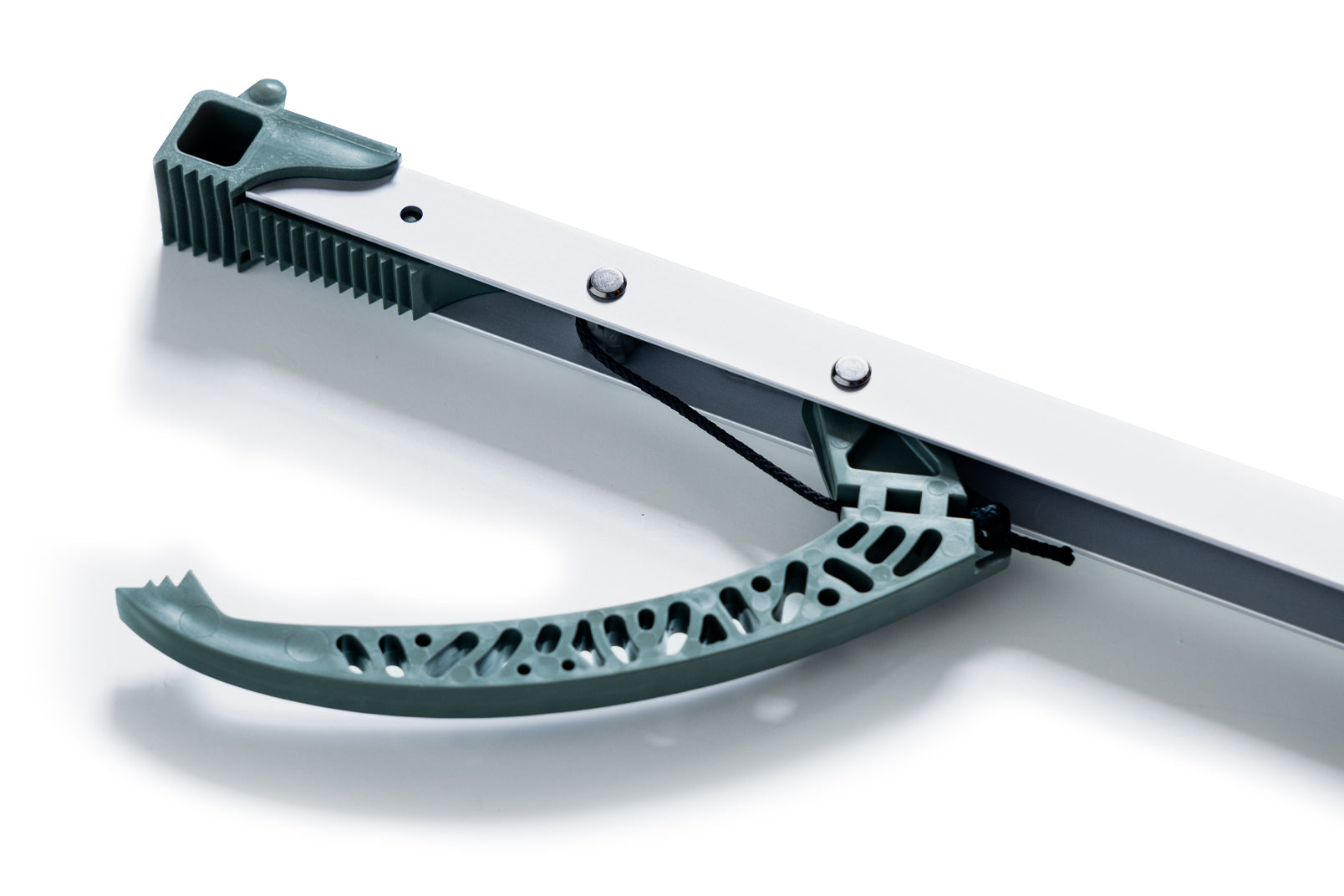 Close up of the green recycled ocean plastic jaw for this children's litter picker.