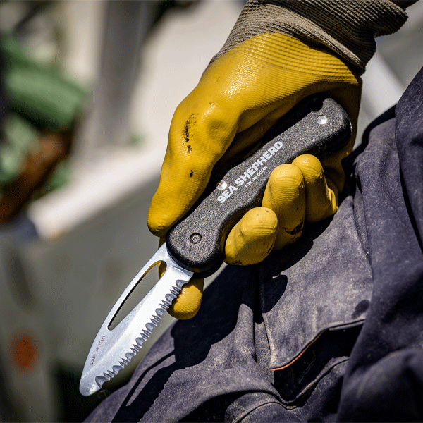 Hand wearing a yellow glove holding a knife with 'Sea Shepherd' branding.