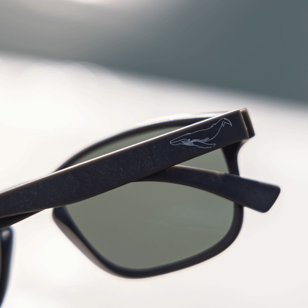Black sunglasses with a logo on the arm against a blurred background