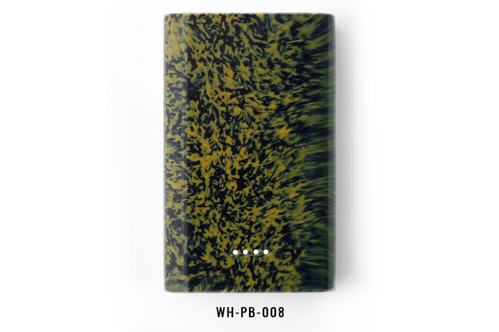Battery pack with black and green marbled pattern on a white background